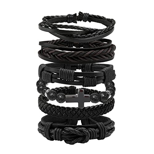Image of MILAKOO Black Leather Bracelets for Men with Lava Rock Stretch Wristband Stainless Steel Cross Beads