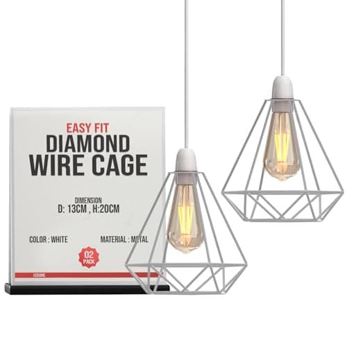 Image of Set of 2 White Cage Metal Basket Ceiling Light Shade, Easy Fit Ceiling Fitting Light & Industrial Style Ring Light for Indoor and Metal Basket Pendant Light Shade with lamp Shade Reducer Ring