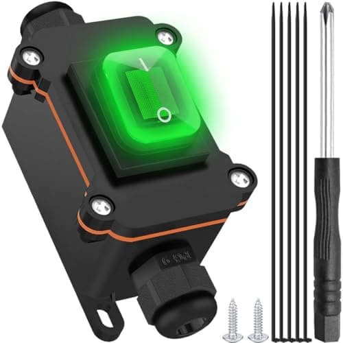 Image of MKBKLLJY Inline Cord Switch IP66 Waterproof AC 16A 250V / AC 20A 125V Outdoor ON/Off Toggle Switch 4 Pin 2 Position DPST with Green LED Rocker Button Screwdriver Cable Tie Two-Side Entry and Exit Line