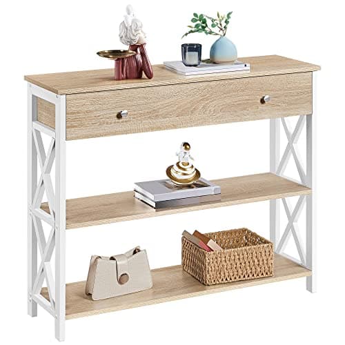 Image of Yaheetech Console Table for Living Room, Industrial Entryway Table with Drawer and Storage Shelves, Sofa Table Side Table for Hallway/Living Room/Bedroom Metal Frame, 100x29.5x81cm, Light Oak