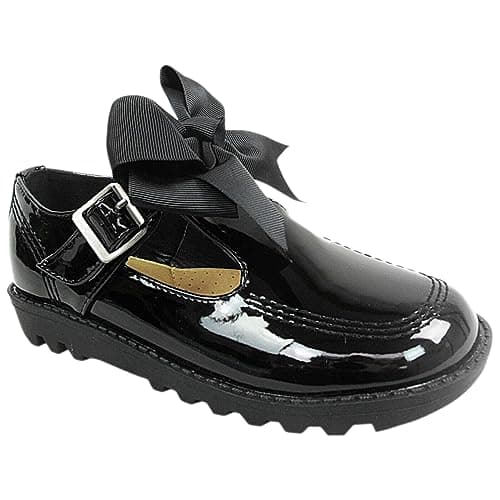 Image of Girls Back to School Shoes Kids Children Ladies Womens Mary Jane Pumps Slip On Bow Flat Low Loafers Ballerina Dolly Pump Work Office Geek Formal Casual Flat T Bar Grip Shu (Bow Court Patent, 10)