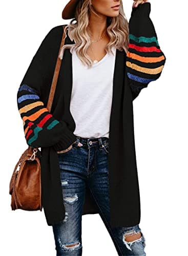 Image of AlvaQ Women's Cardigans Long Sleeve Open Front Rainbow Striped Color Block Loose Casual Womens Oversized Cardigan Ladies Long Lightweight Knit Outwear Coat Jacket Sweaters Black M UK 10 12
