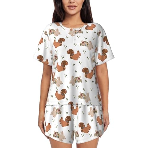Image of Pevtufa Rabbit And Squirrel For Pajamas Sets For Women Short-Sleeved Pjs With Lounge Shorts Two Piece Sleepwear, Black, S