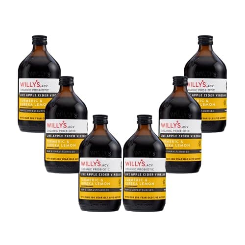 Image of WILLY'S Organic Live Apple Cider Vinegar with Mother - Probiotics For Gut Health - Fresh Turmeric, Honey & Black Pepper - 6 x 500ml Refillable Glass Bottles - Sustainable ACV