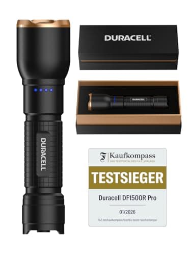 Image of Duracell DF1500R Pro LED Torch - 1500 Lumens, Focusable, 145 m Beam Range, USB-C Rechargeable, 21700 Li-ion Battery, Various Light Modes, Splashproof, Includes Gift Box