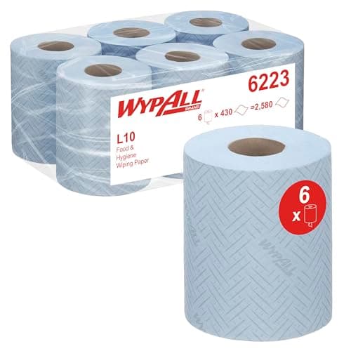 Image of WypAll® L10 Wiping Paper Rolls, Blue 1-Ply Centrefeed Rolls for Food & Hygiene Tasks – Embossed for Strength – 6 Rolls x 430 Sheets (2,580 Total), Model Nr. 6223
