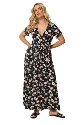 Image of Yours Curve Black Floral Wrap Front Dress - Women's - Plus Size Curve