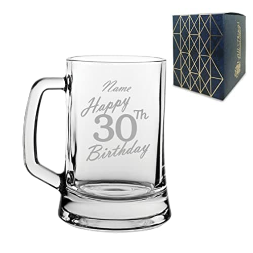 Image of Personalised Engraved Tankard Beer Mug Stein Happy 30th Birthday Handwritten Design Gift Boxed, 16.75oz/495ml Classic Beer Glass, Any Name, Engraved in The UK