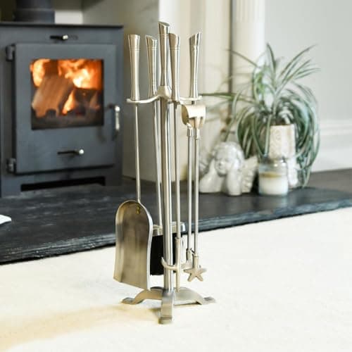 Image of Contemporary Pewter Finish 61cm Fireplace Accessories Companion Set - Fireside Tools with Poker, Tongs, Brush and Pan - Elegant and Functional Fireside Companion Set for Fire Log Burner