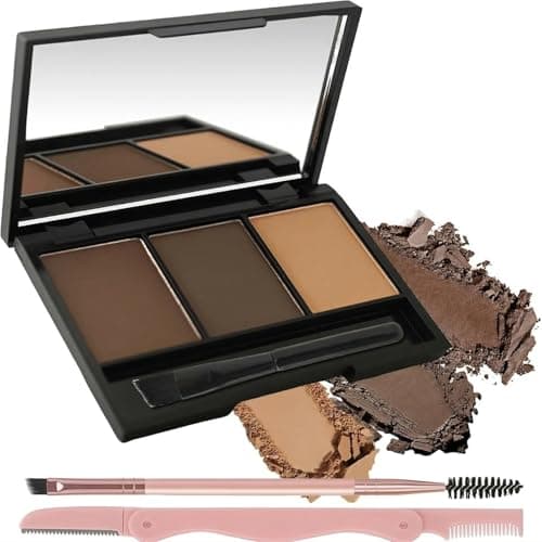 Image of Three-Tone Eyebrow Powder Palette with Mirror - Complete Kit with Dual-Ended Brush and Razor, Finely Milled Shades in Light, Medium & Dark Brown for Natural Definition, Shaping & Grooming, Compact
