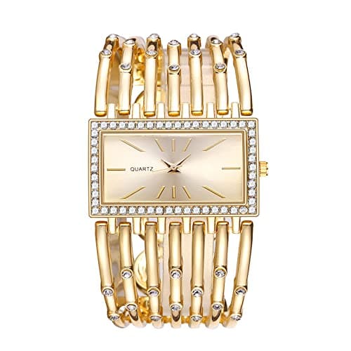 Image of Trendy Rhinestone Ladies Steel Bracelet Watch Fashion Europe And The United States Style Quartz Square Female Watch Stretch Watch (Gold, One Size)