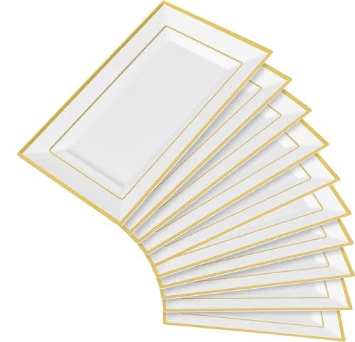 Image of YBLUE 10 PCS Reusable Serving Platters with Gold Border, Thicken Sturdy Elegant Party Serving Trays, 33 x 20cm Rectangle Platters for Serving Party, Buffets, Weddings Parties Cupcake Display