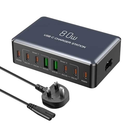 Image of Kitbox Multi USB C Charger Phone Charging Station 80W Multiport Charger Adapter Dual 20W USBC Fast Charging Plug UK for iPhone 16 15 14 13 12 11 Pro Max iPad Samsung Galaxy Pixel 10 9 etc,black