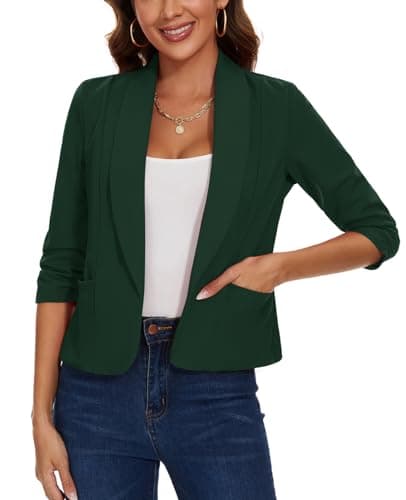 Image of MINTLIMIT Open Front Blazers for Women Crop Suit Classic Jacket 3/4 Ruched Sleeve (Dark Green XXL)