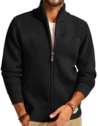 Image of PJ PAUL JONES Mens Cardigans Full Zip up Stand Collar Thick Slim Fit Knitted Ribbed Cardigan Sweaters M Black