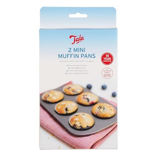 Image of Tala 2 Mini Muffin Tin Non-Stick Baking Tray - Even Heat Muffin Trays for Mini Cupcakes, Snacks & Appetisers - Carbon Steel, Wide Flat Handles, Dishwasher & Freezer Safe, Grey, 17 x 11 x 1.5 cm