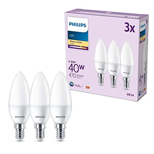 Image of Philips LED Frosted B35 Candle Light Bulb 3 Pack [Warm White 2700K - E14 Small Edison Screw] 40W, Non Dimmable. for Home Indoor Lighting