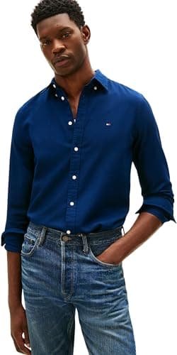 Image of Tommy Hilfiger Men Flex Dobby SF Shirt MW0MW41684 L/S Shirt, Blue, L