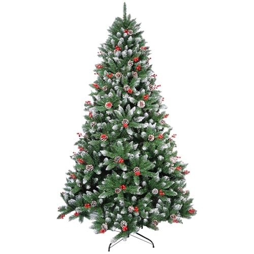 Image of Neo 7ft Scandinavian Tips Spruce Fir Tree Artificial Christmas Tree Xmas Realistic Green Natural Branches with Solid Metal Legs (Berry and Pine Cone)