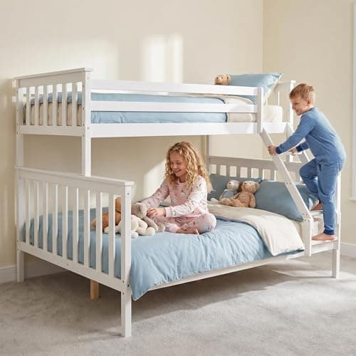 Image of Panana Triple Bunk Bed, Triple Sleeper, Solid Pine Wood Bed Frame, with Guardrail and Ladder, Double 4ft6, Single 3ft (White)