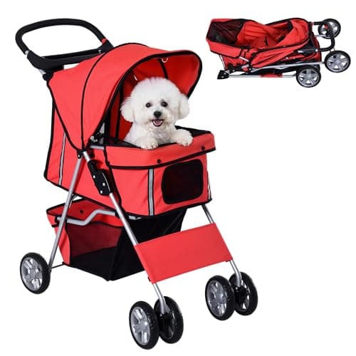 Image of PawHut Pet Stroller for Small Miniature Dogs Cats Foldable Travel Carriage with Wheels Zipper Entry Cup Holder Storage Basket Red
