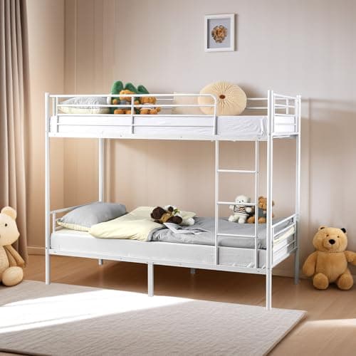 Image of Bonnlo Metal Bunk Bed, Single over Single Loft Bed Frame with Ladder and Safety Guardrail, Bedroom Dorm Apartment Furniture Space-Saving Twin Over Twin Bunk Bed for Kids Teens Adults (White)