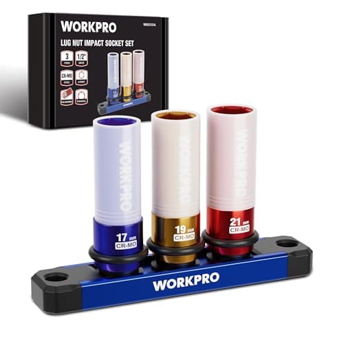 Image of WORKPRO 1/2" Drive Impact Socket Set for Lug Nuts, 3-Piece 17 mm 19 mm 21 mm Protective Wheel Nut Sockets with Rail, Cr-Mo Steel Non-Marring Wheel Socket Set for Car & Tire Repair