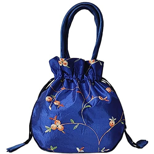 Image of SINSEN Small Drawstring Pouch Gift Bag for Present, Satin Embroidered Potli Bag Clutches Handbag, Brocade Ethnic Jewellery Coin Purses for New Year Birthday Wedding Party Valentine (Blue01)