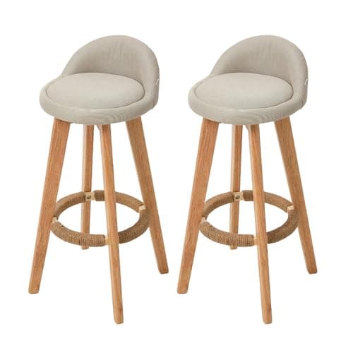 Image of Warmiehomy High Breakfast Bar Stools Set of 2 Kitchen Island Bar Stools with Solid Wood Legs Modern Linen Fabric Barstools Set of 2 for Kitchen Counter, Dining Room, Pub, Bistro, Cafe, Beige