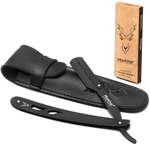 Image of MARKHOR® Matte Black - Cut Throat Razor Kit – Mens Straight Razor, Barber-Grade Cutthroat Razor, Professional Straight Edge Beard Razor for a Clean & Precise Shave (Black)