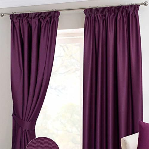 Image of HOMESCAPES Aubergine Pencil Pleat Blackout Thermal Curtain Pair Width 117cm (46") x 228cm (90") Drop Herringbone Chevron Textured Retro Geometric Design. FREE SWATCHES.