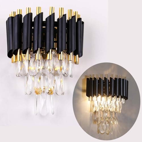 Image of FRIXCHUR Black Crystal Wall Sconce 3 Tiers Crystal Wall Lighting Wall Lamp Modern Wall Lighting Fixture Led Wall Lamp for Bedroom Dining Room Hallway Staircase Lights 2 x E14 Base