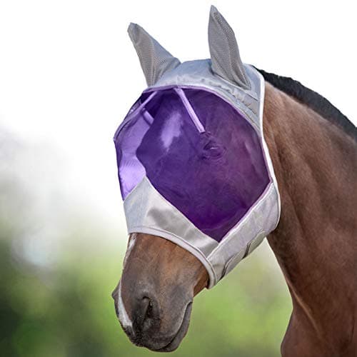 Image of Harrison Howard CareMaster Horse Fly Mask Half Face with Ears Silver/Purple Retro Medium Cob