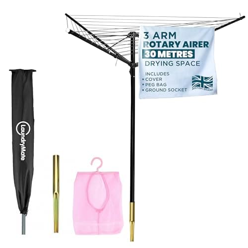 Image of Laundry Mate Rotary Clothing Airer 3 Arms – 30m Folding Washing Line with Cover,Ground Socket & Peg Bag - Outdoor Clothes Drying Rack - 360° Rotary Washing Line