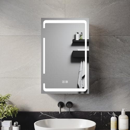 Image of ELEGANT Illuminated LED Bathroom Mirror Cabinet Single Door Wall Mounted Bathroom Mirror Cabinet with Shaver Socket Mirrored Bathroom Cabinets with Demister and Three-color Infinite Dimming 380x600mm