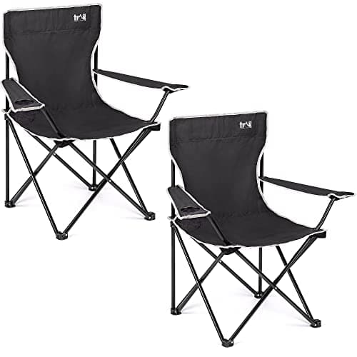 Image of Trail Folding Camping Chair – 2 Pack, Lightweight Outdoor Chair with Cup Holder Armrest, Heavy Duty Tubular Steel Frame, Fast-Drying Polyester, Carry Bag, 100kg Capacity (Black)