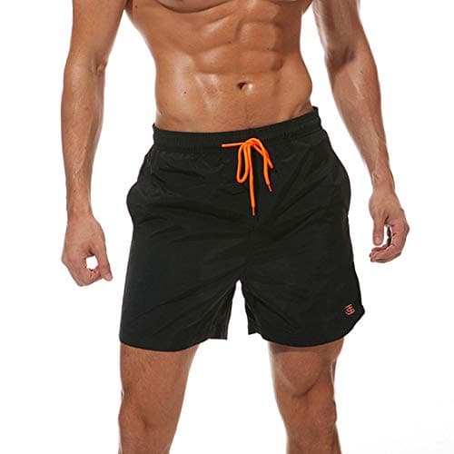 Image of JustSun Mens Swimming Shorts with Pockets Waterproof Quick Dry Swimming Trunks Swim Shorts Men Summer Board Shorts with Mesh Lining Black M