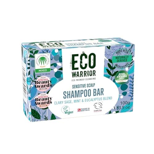 Image of Eco Warrior Sensitive Shampoo Bar, 100g | Natural, Vegan, Cruelty Free, Eco Friendly, No SLS or Parabens | Deeply Nourishing White Clay & Clary Sage Oil | Soothing Mint Eucalyptus Essential Oils