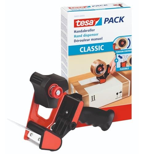 Image of tesa Hand Dispenser Classic - Universal Tape Dispenser for Unwinding Adhesive Tapes - Sturdy Metal Holder - for Tapes up to 50 mm Wide - Red and Black