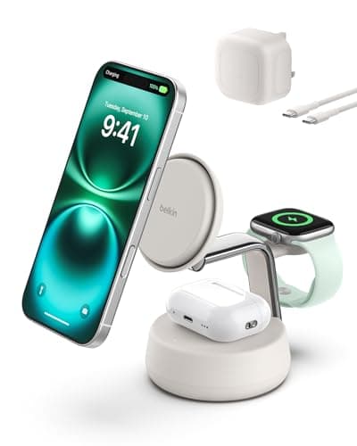 Image of Belkin UltraCharge Pro Wireless Charging Station 25W, 3-in-1 Qi2.2 Certified MagSafe Compatible Charger for iPhone 17, Air, Apple Watch, AirPods, Pixelsnap, with Cooling Fan, 45W Adapter - Sand