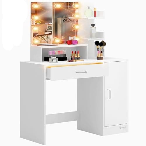 Image of CASARIA® Jocelyn Dressing Table Cabinet with LED Drawer Light, Mirror Lights, 3 Shelves | Ideal For Hair Make-Up Cosmetics | Modern Bedroom Dresser Unit | 140x90x40cm | White
