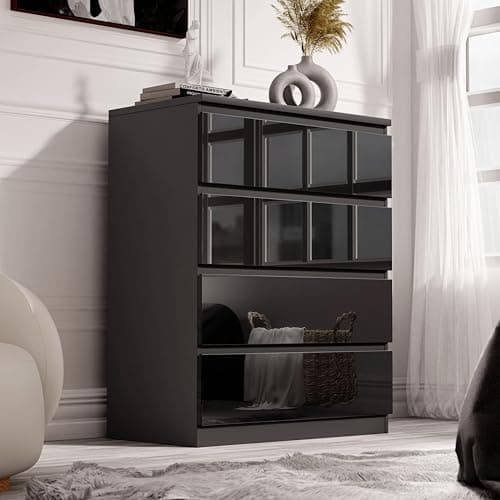 Image of Blisswood High Gloss Chest of Drawer, 4 Drawer Bedroom Chest of Drawer Bedside Table Cabinet for Bedroom Living room Furniture (Black, 70W x 40D x 95.5H cm)