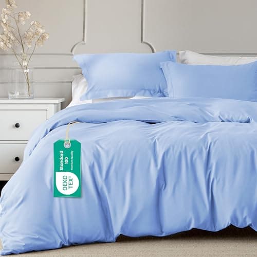 Image of Linens World 200 Thread Count 100% Egyptian Cotton Duvet Quilt Cover Bedding Sets with Pillow cases (Sky Blue, Double)