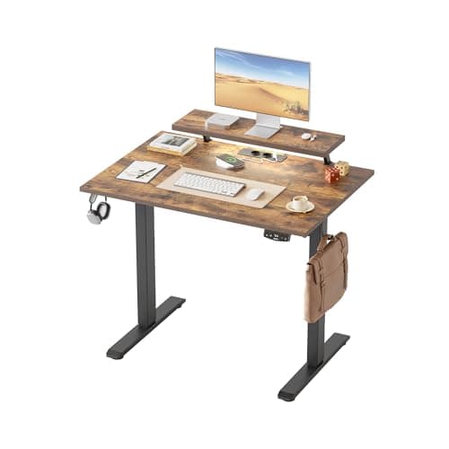 Image of Klicelor Height Adjustable desk with LED Lights and Power Outlets, 100x60cm, movable monitor stand for Game and Home Office, Standing desk with 2-piece tabletop, brown