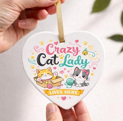 Image of Crazy Cat Lady Animals Quote Ceramic Heart Birthday Gift Plaque Ornament Hanging Sign cr176