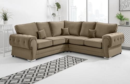 Image of Sofahub Verona Collection - Mink Plush Velvet Corner Sofa | Fullback Upholstered L Shaped Living Room Couch with Foam Cushions & Chrome Feet