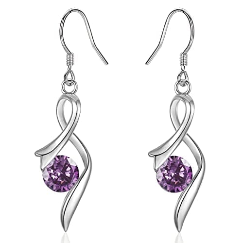 Image of Sterling Silver Drop Earrings for Women, Silver Dangle Earrings with Cubic Zirconia │Linear Forever Love Hypoallergenic Earring for Sensitive Ears│Birthday Anniversary Christmas Jewellery Gift Purple