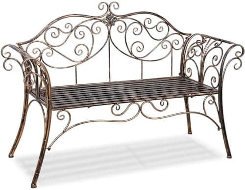 Image of HLC Metal Antique Garden Benches Clearance Outdoor wrought iron Bench 2 Seat with Decorative Cast Iron Backrest Iron Cast Aluminium Bench for Garden,Patio, Porch and Yard Max 250kg (Brown)