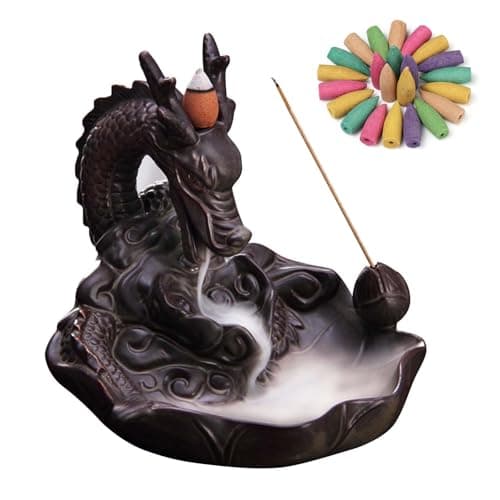 Image of XUDREZ Ceramic Dragon Backflow Incense Burner, Home Decorate Waterfall Incense Holder with 20pcs Cones