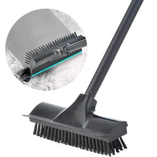 Image of 2 in 1 Floor Scrub Brush with Long Handle, Scrape and Brush Stiff Bristle Shower Cleaning Sweeping Deck Push Broom Brush for Kitchen, Bathroom, Patio, Wall and Deck (Black)